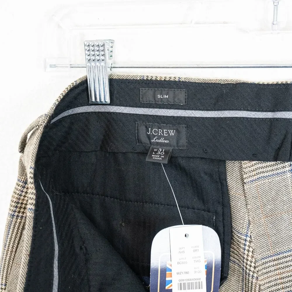J.Crew Ludlow Slim Plaid Trouser Pants Tan brown Glen Plaid size 31